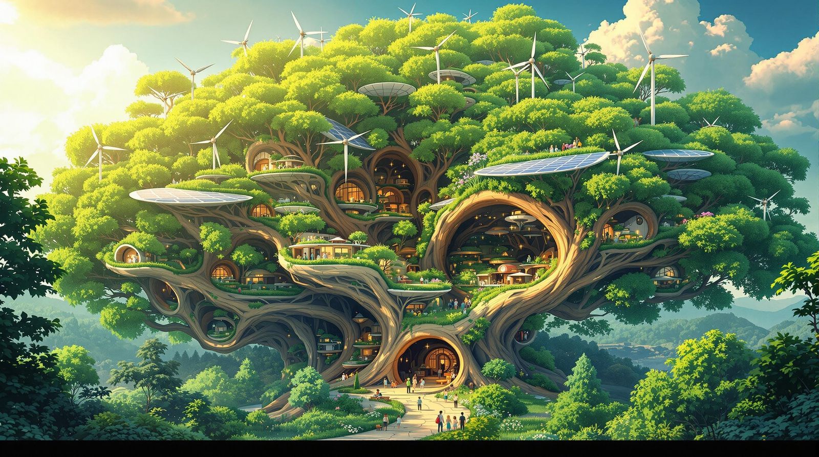 Surreal Eco-Friendly Village Blooms within Ancient Tree Trun...