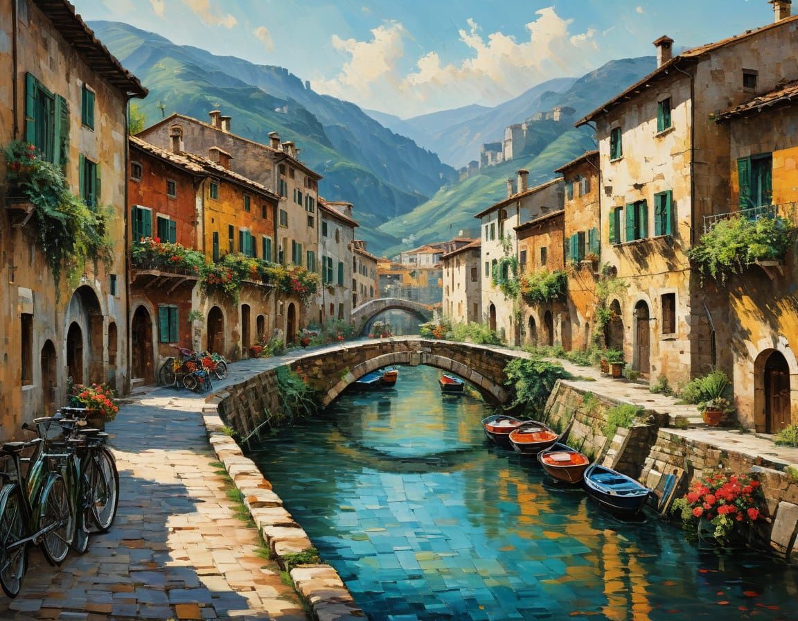 Vibrant Italian Village Scene in Expressive Brushwork