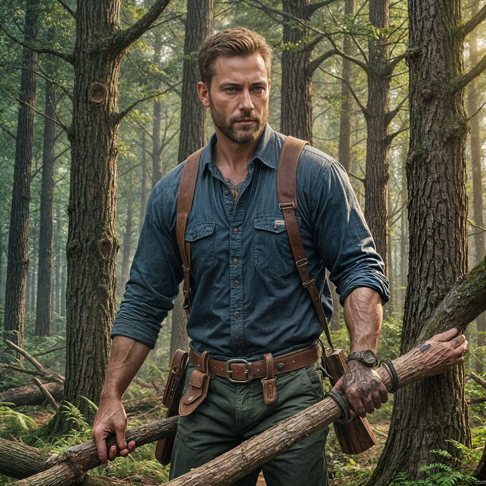 Handsome Woodsman Returns from Work in Forest