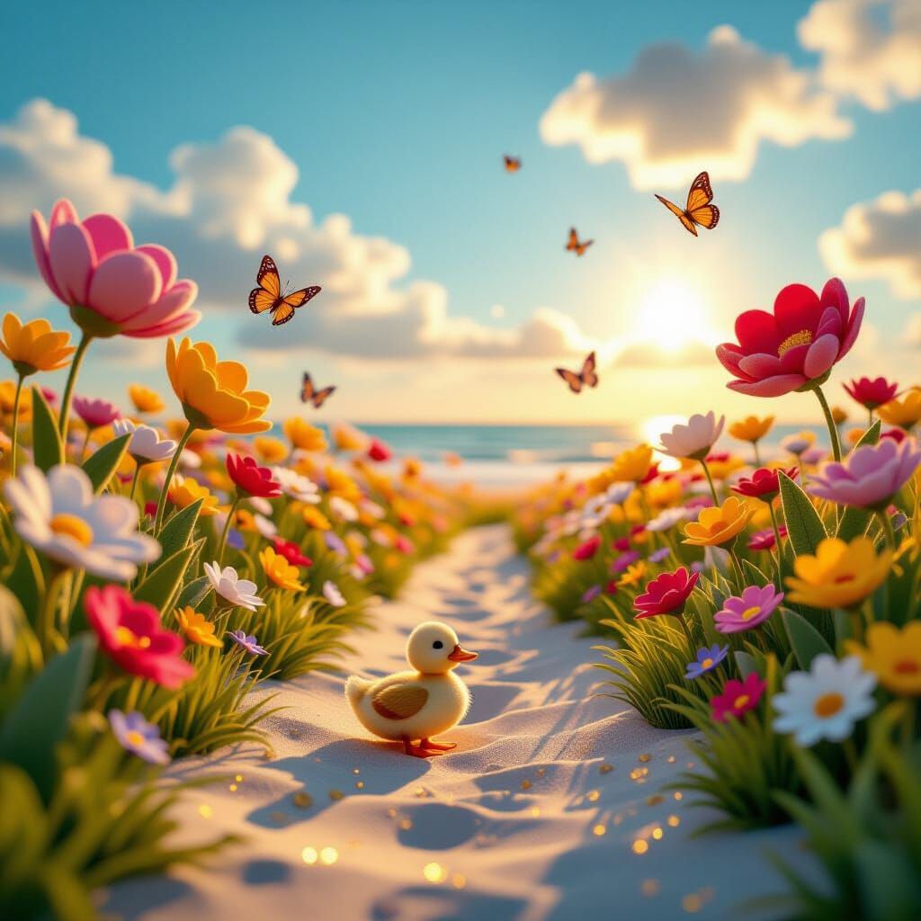 Vibrant Felt Flower Meadow on Beach at Golden Hour