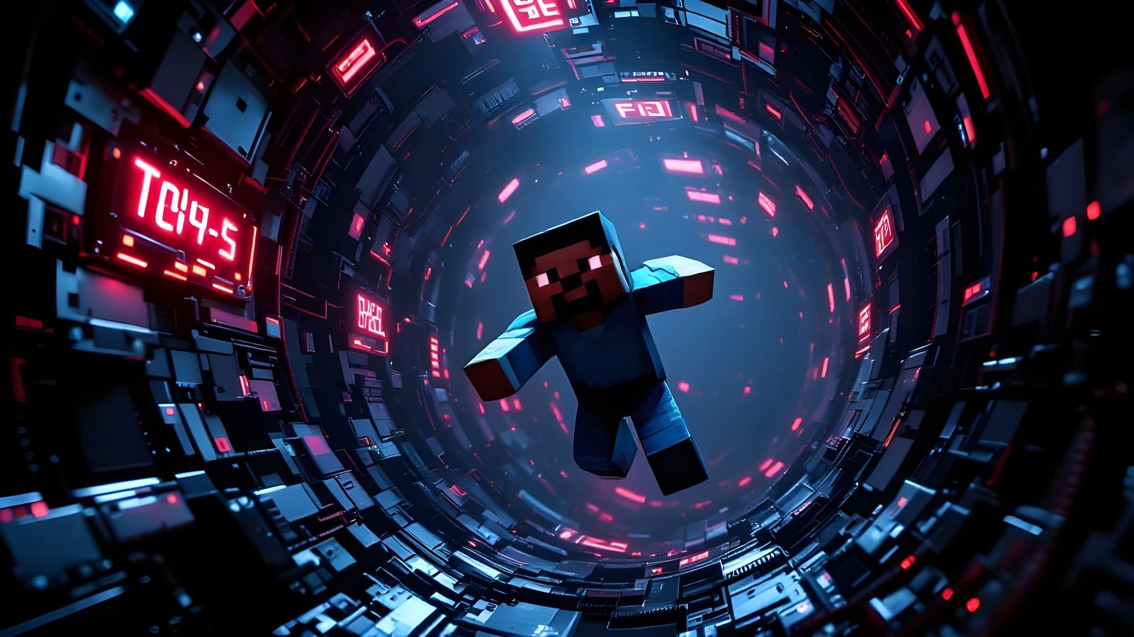 Surreal Scene of a Minecraft Creeper Falling into a Futurist...