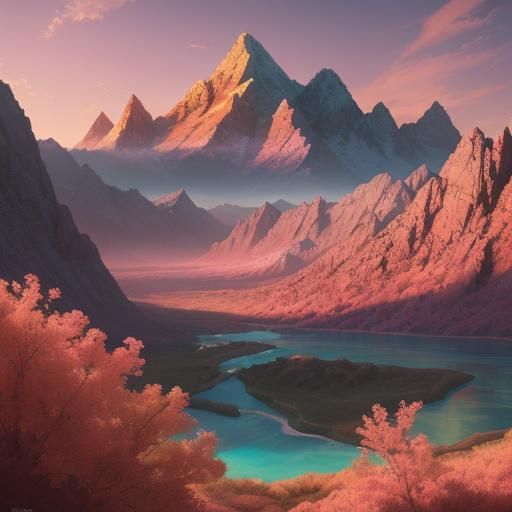 Majestic Mountain Sunset in Digital Matte Painting