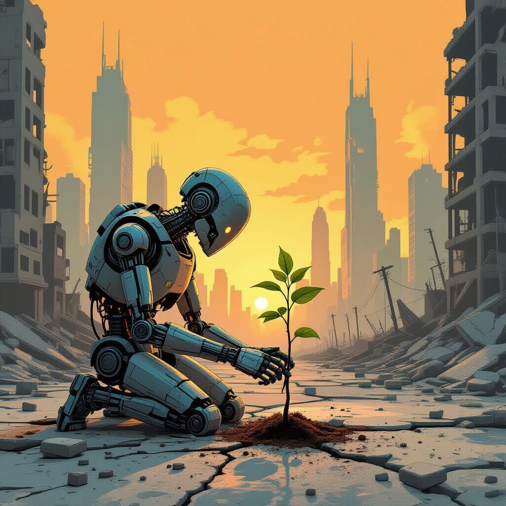 Automaton Tends Sapling in Post-Apocalyptic Cityscape