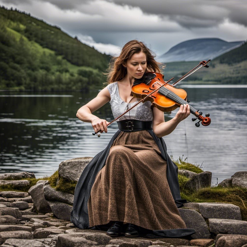 beautiful female irish fiddle player playing at Loch Ness in...