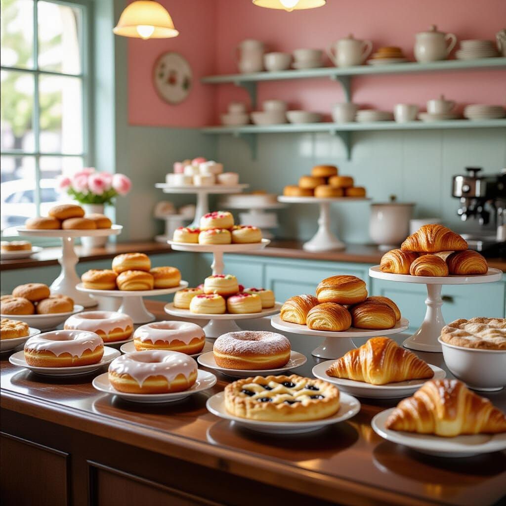 Hyperrealistic Bakery Counter with Retro Pastel Walls