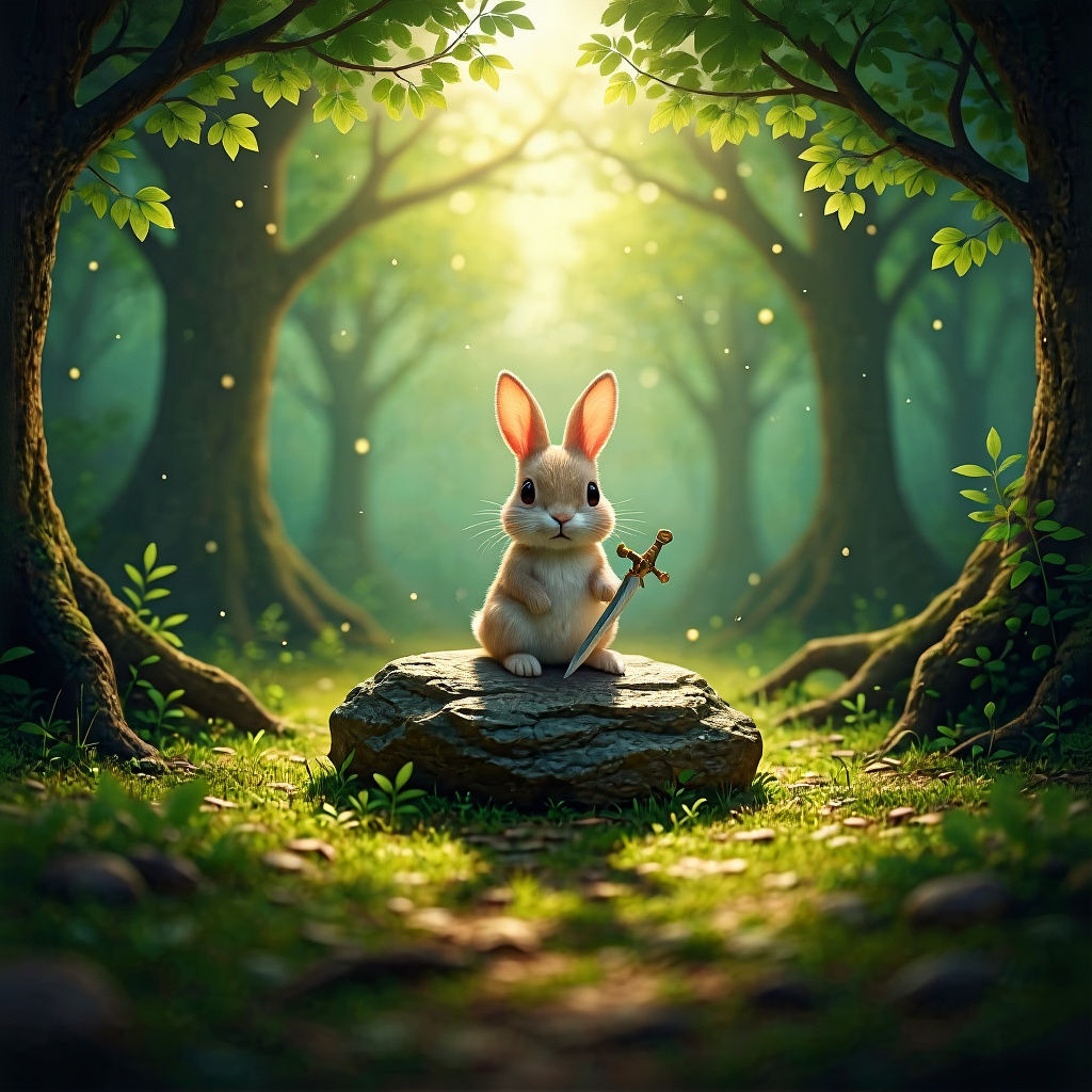 Cute Bunny with Sword in Enchanted Forest