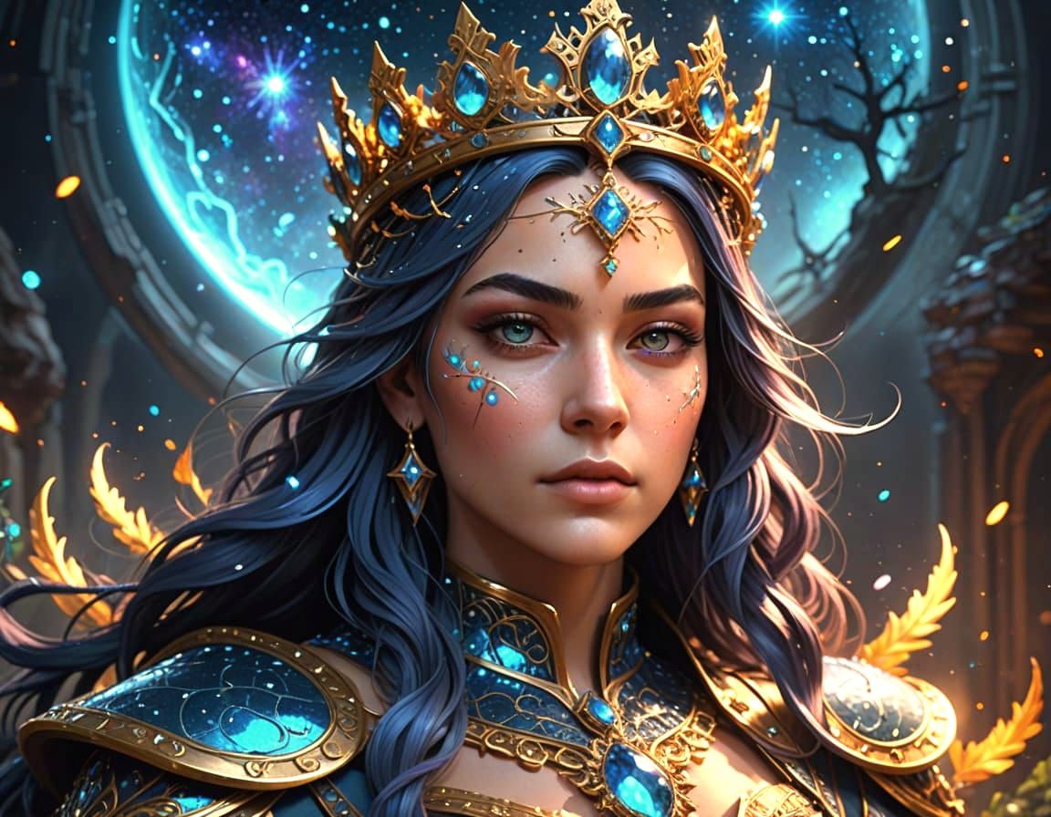 Ethereal Celestial Queen in Starlight Crown, Cosmic Elegance