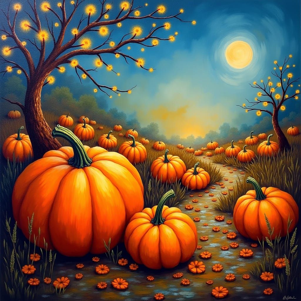 Pumpkins Fly with Fairy Lights: Neo-Impressionist Painting