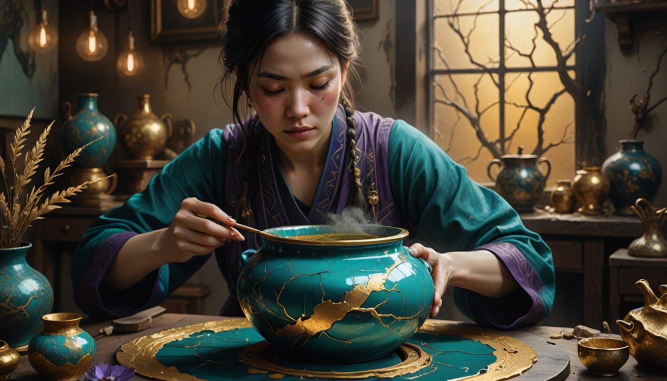 Woman Paints Kintsugi Pot in Dark Fantasy Watercolor Style