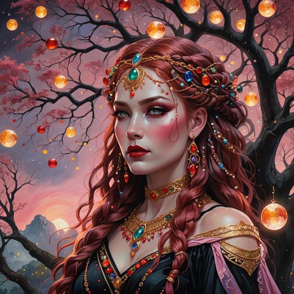 Goddess with Flowing Red Hair and Glowing Gems