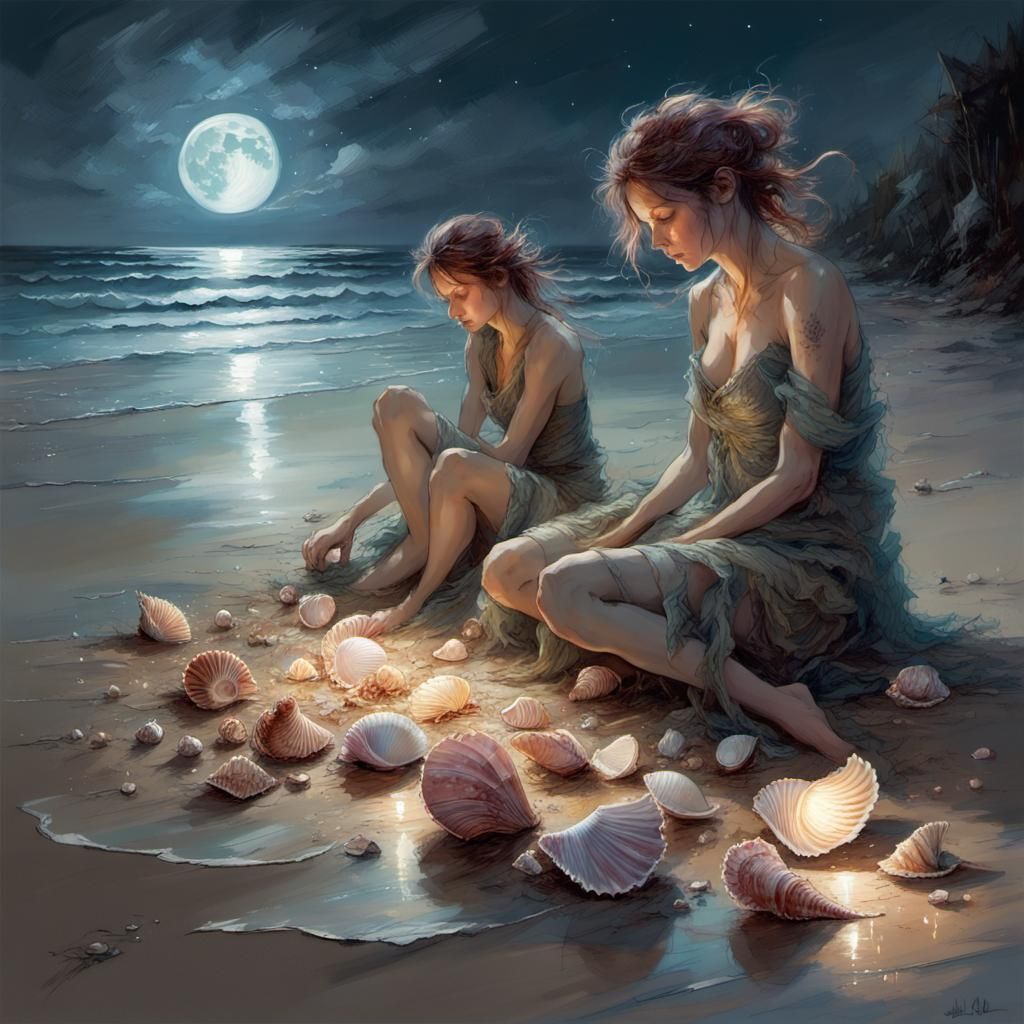 Moonlit Seashells on Beach: Intricate Concept Art