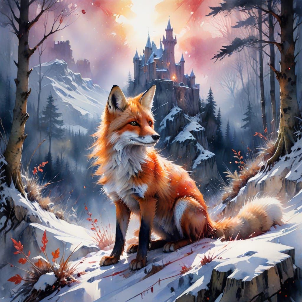 Spectral Fox on Sunlit Ridge Above Castle Ruins