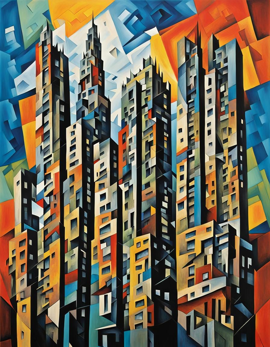 Distorted Gothic Skyscrapers in Cubist Sky