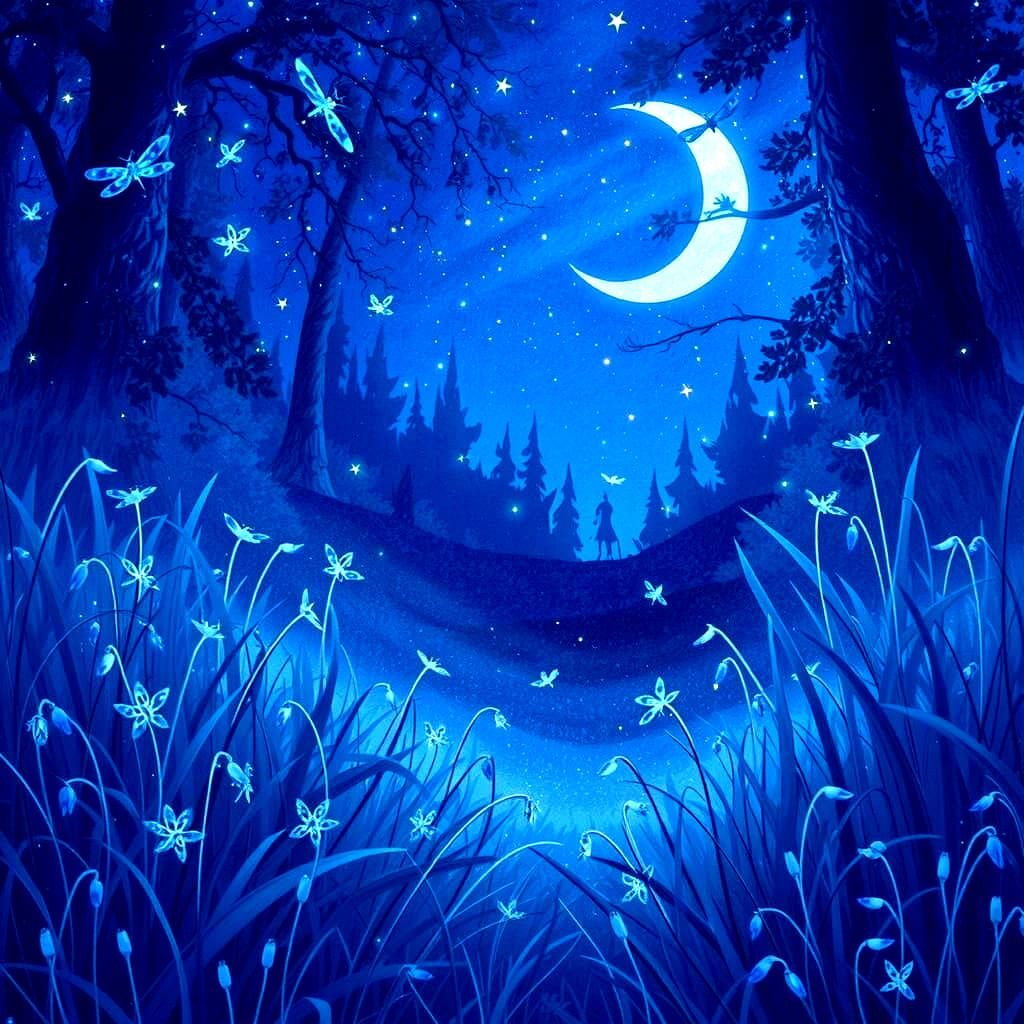 Magical Blue Forest Under Crescent Moon