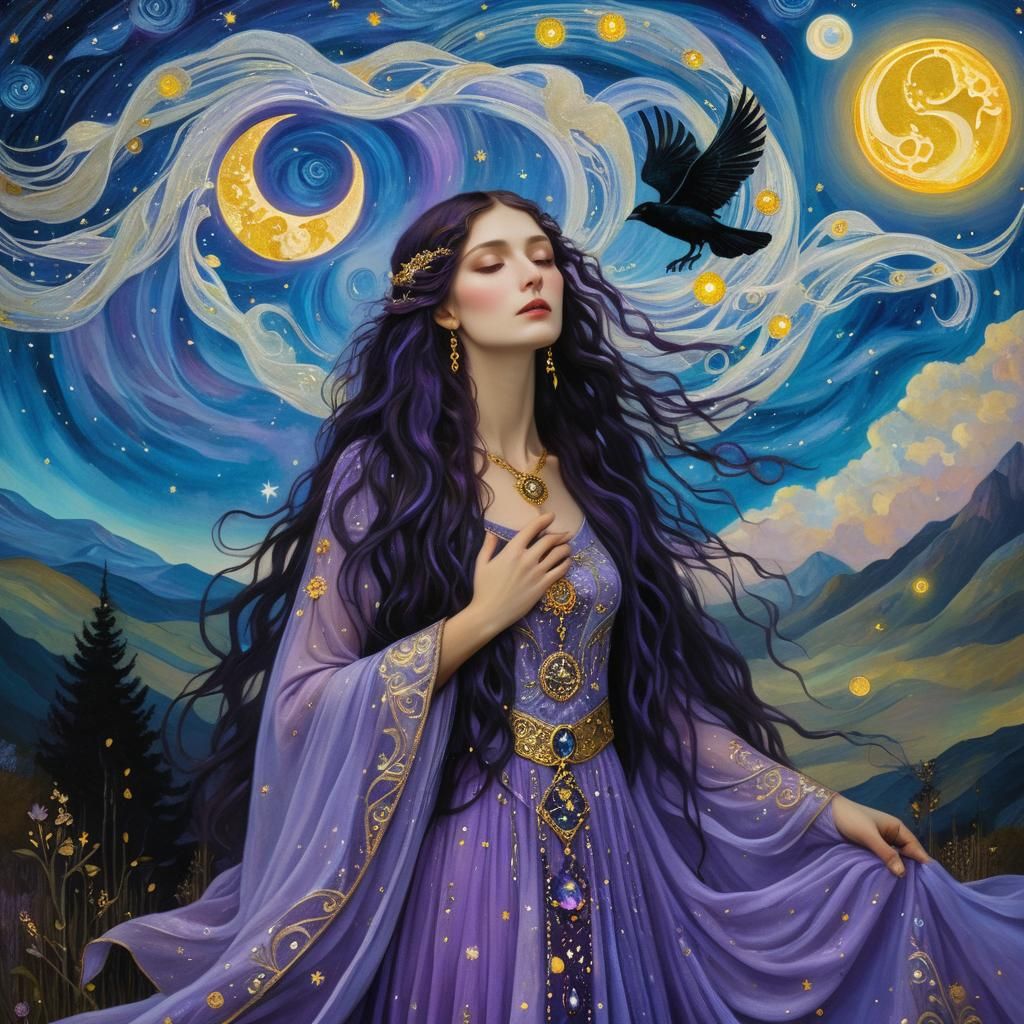 Ethereal Wiccan Goddess in Golden Gown, Celestial Stars and...