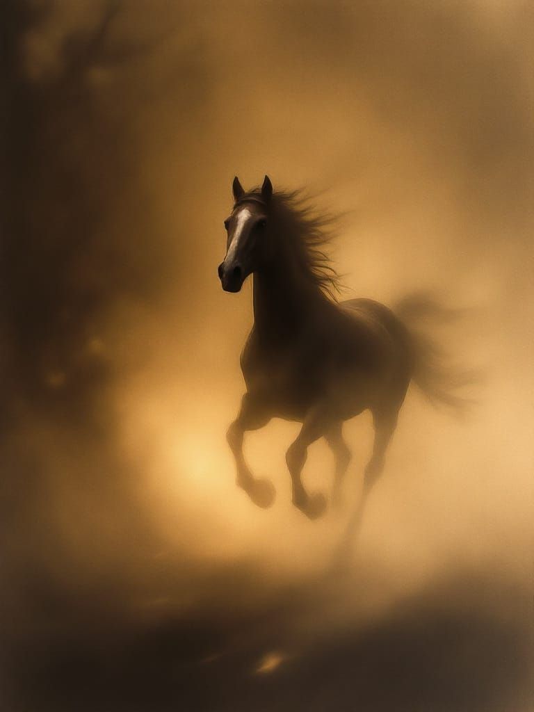 Dreamlike Horse Running Through Fog in Sepia Tones