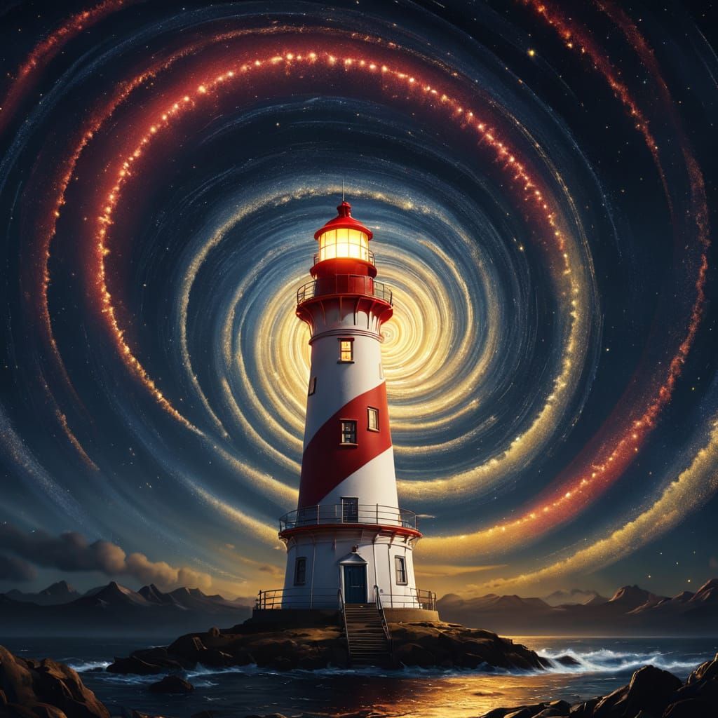 Vibrant Oil Painting of a Radiant Lighthouse Under Starry Ni...