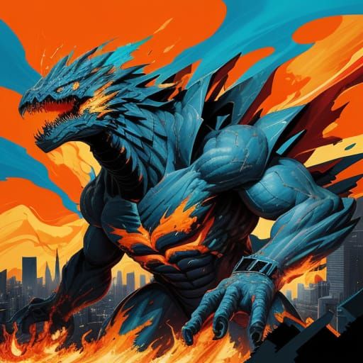 Colossal Reptilian Beast Unleashes Atomic Fire in Abstract C...