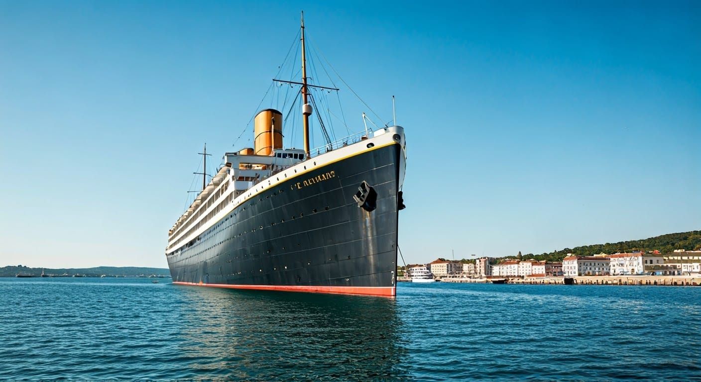 Luxurious Early 1900s Ocean Liner in Harbor