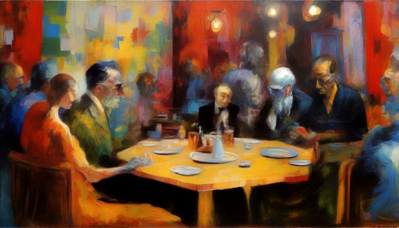 Surreal Cafe Scene in Cubist Psychedelic Style