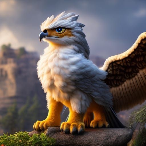 Adorable Baby Griffin in a Mythological Landscape