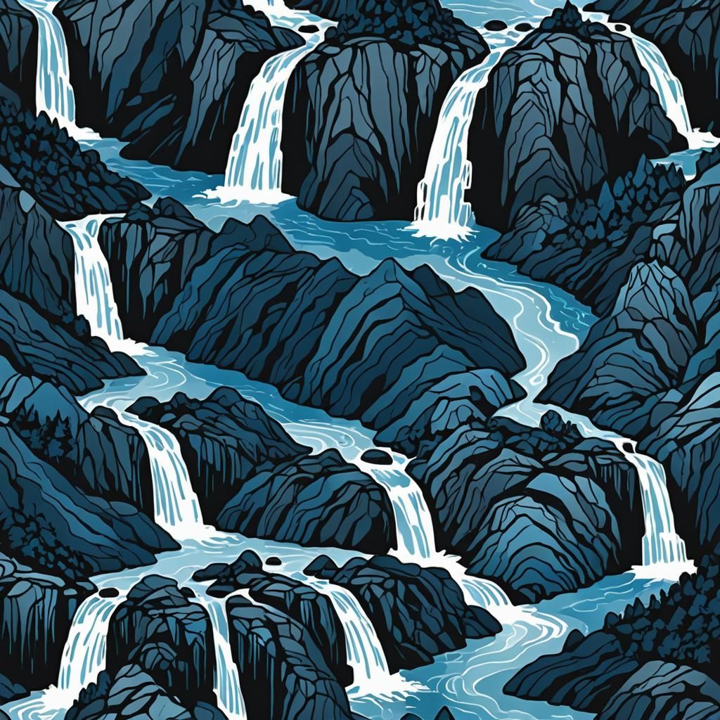 Monochromatic Blue World with Waterfalls and Ocean