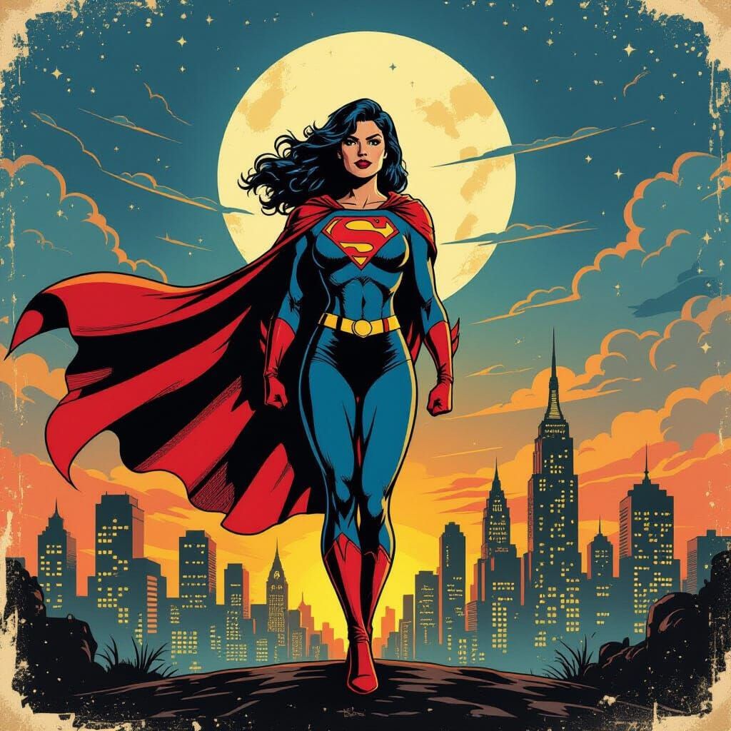 Vintage Female Superhero Poster in Classic Comic Style