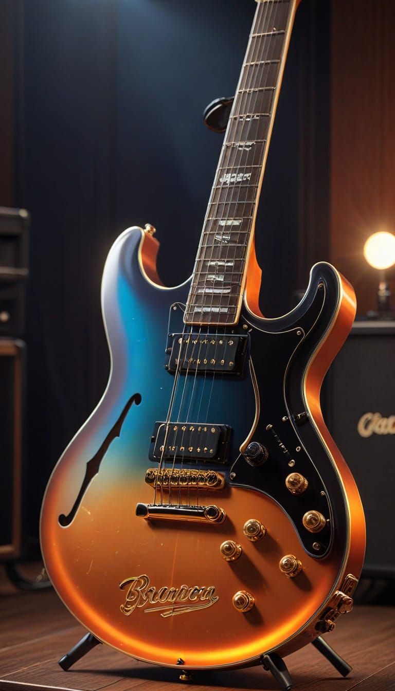 Sleek Black Electric Guitar Glows in Neon Orange