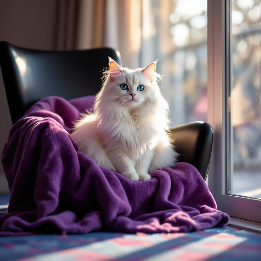 Fluffy White Cat on Black Chair in Sunlight