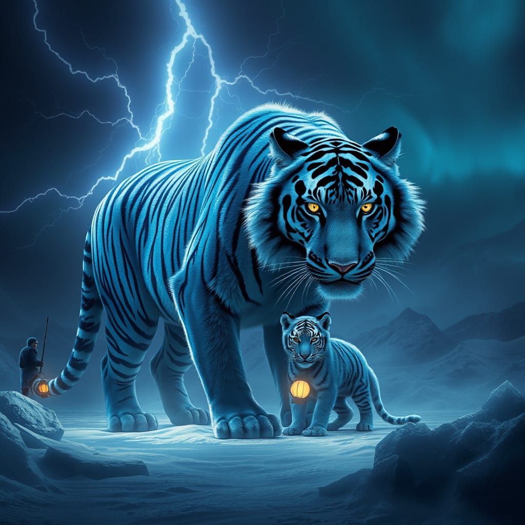 Dark Icy Tiger Mother and Cub Enthroned by Magical Lightning