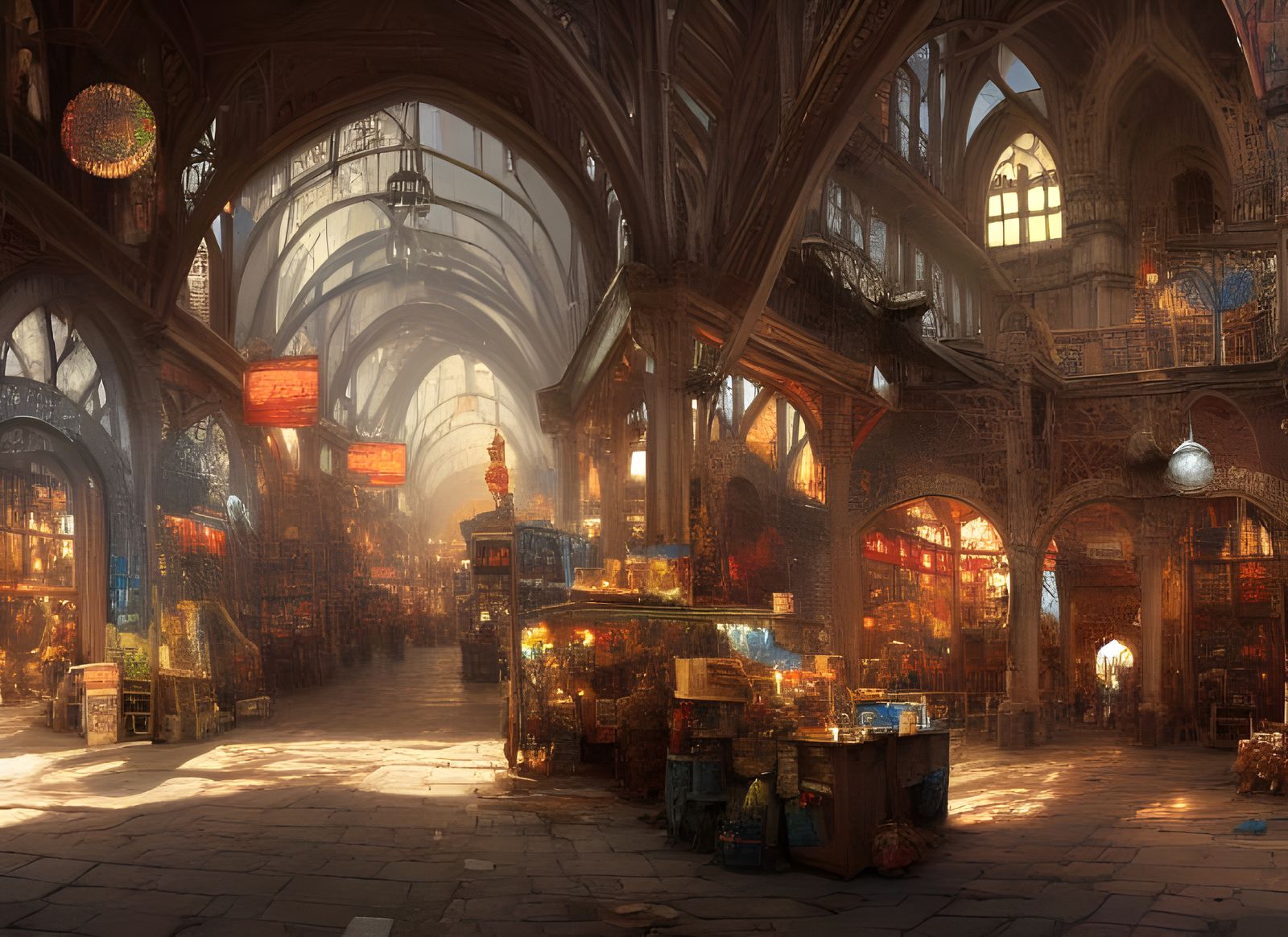 Crowded Magical Market Inside a Cathedral
