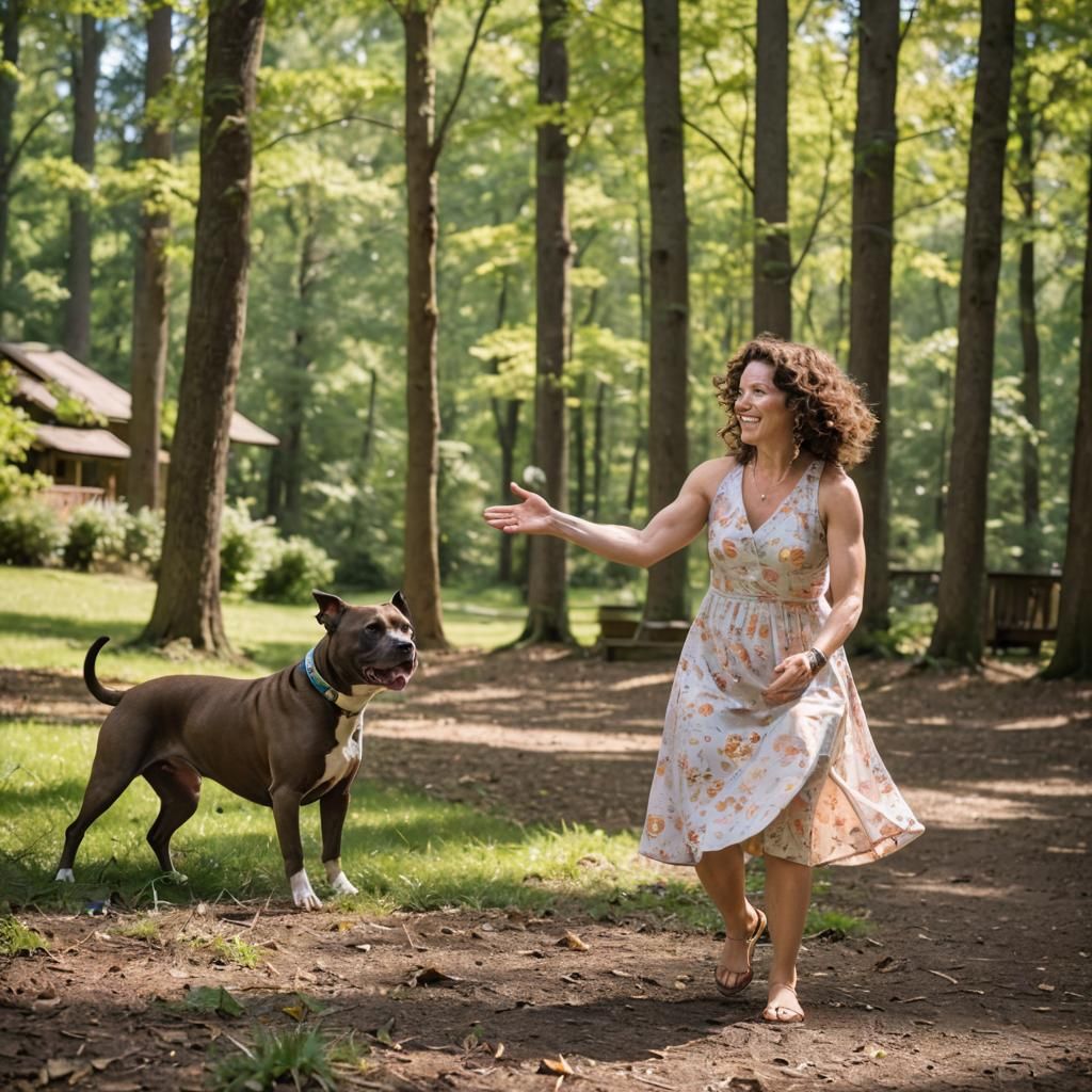 Woman and Dog Playing Catch in the Woods