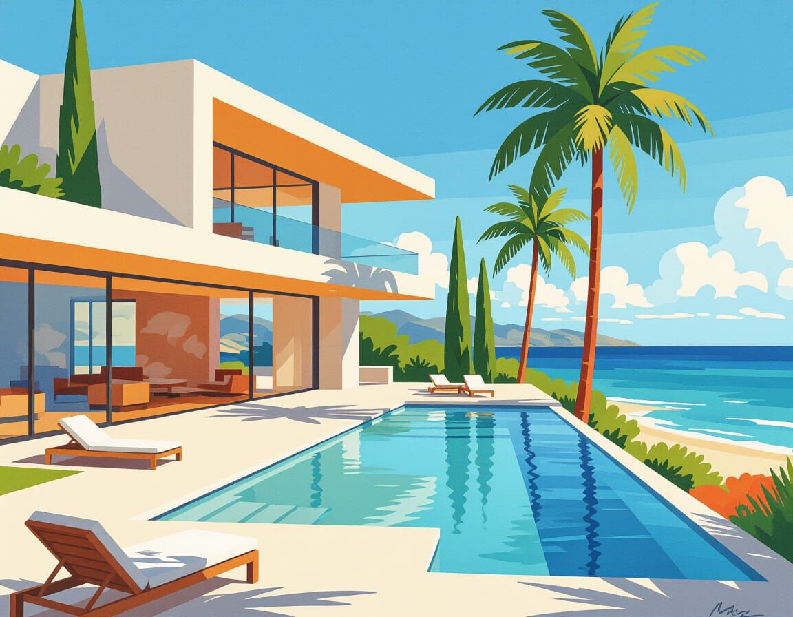 Minimalist House near Ocean in Abstract Expressionist Style