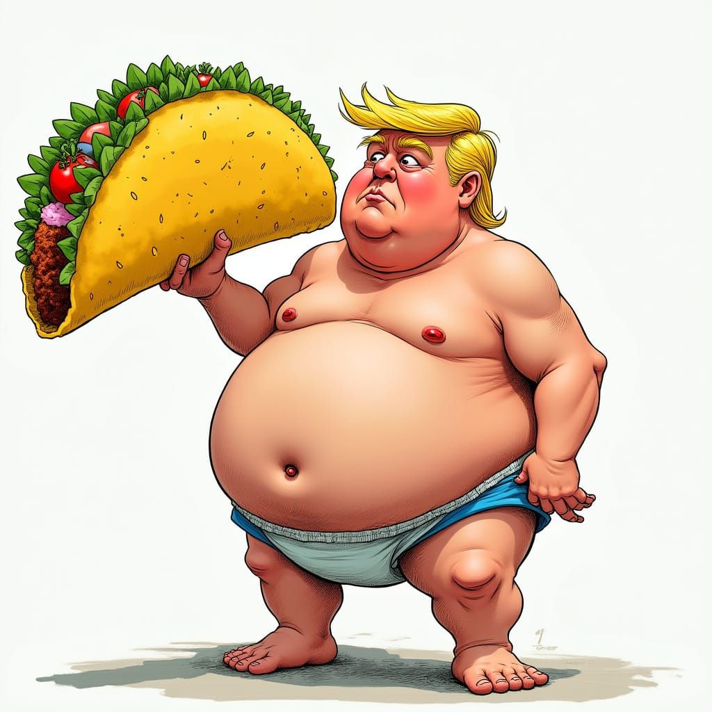 Satirical Image of Man in Diaper Holding Taco