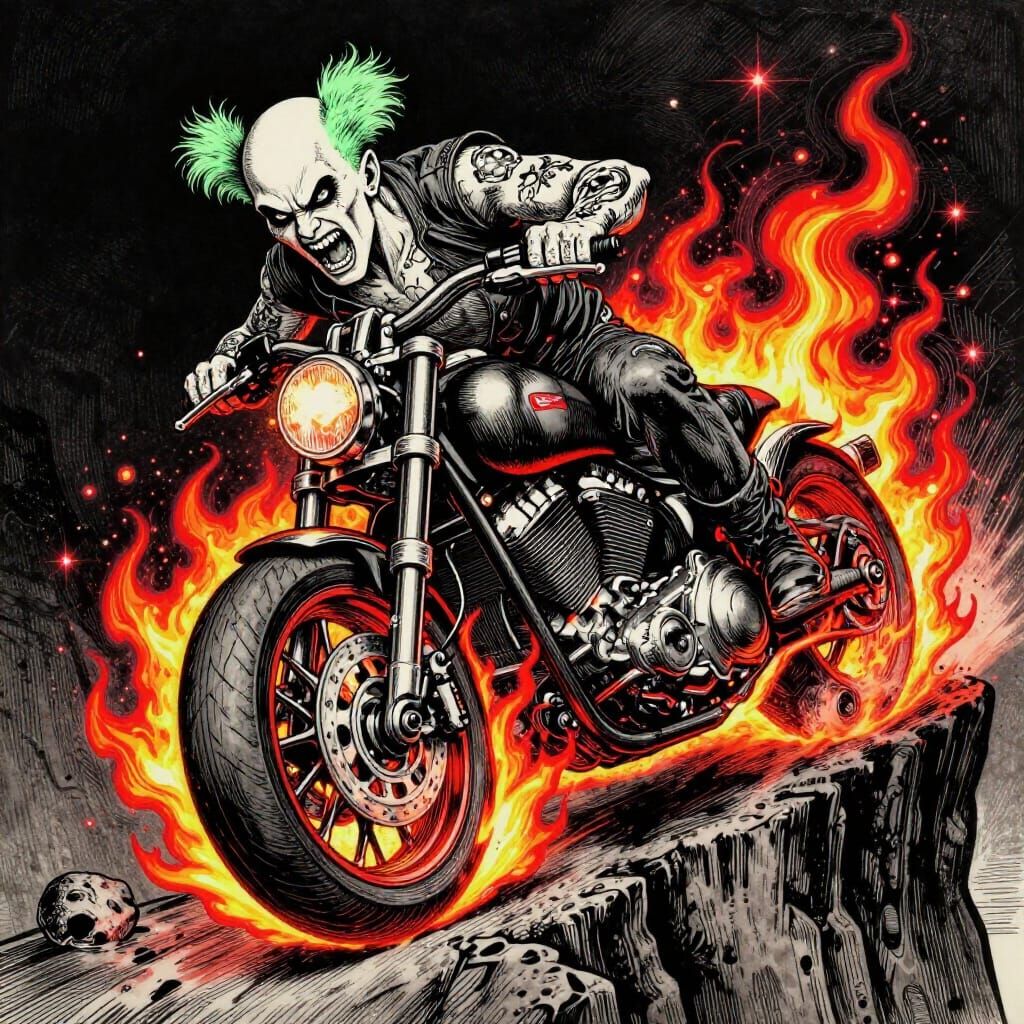 Fiery Motorcycle Turn Poster: Bald Biker in Engraving Style
