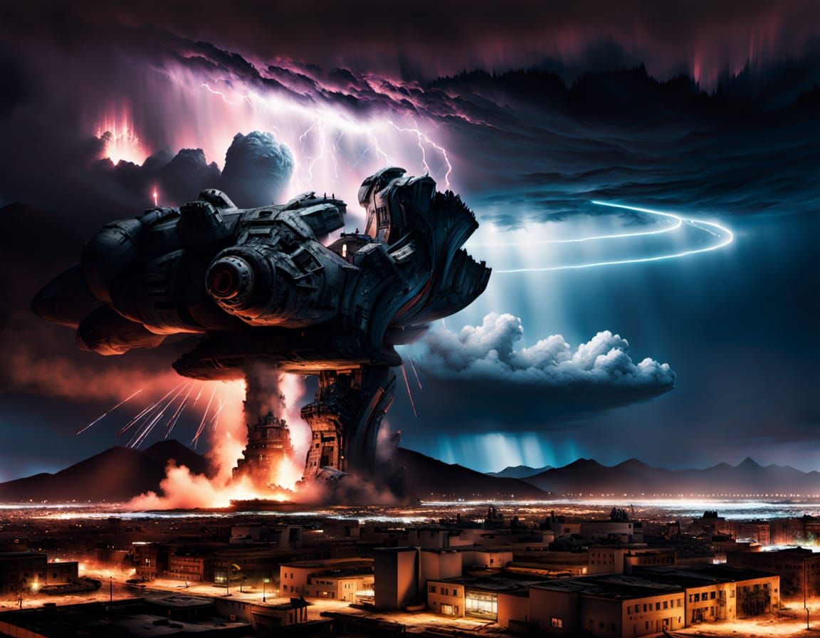 Cyberpunk Battle Masterpiece: War-Torn Cityscape