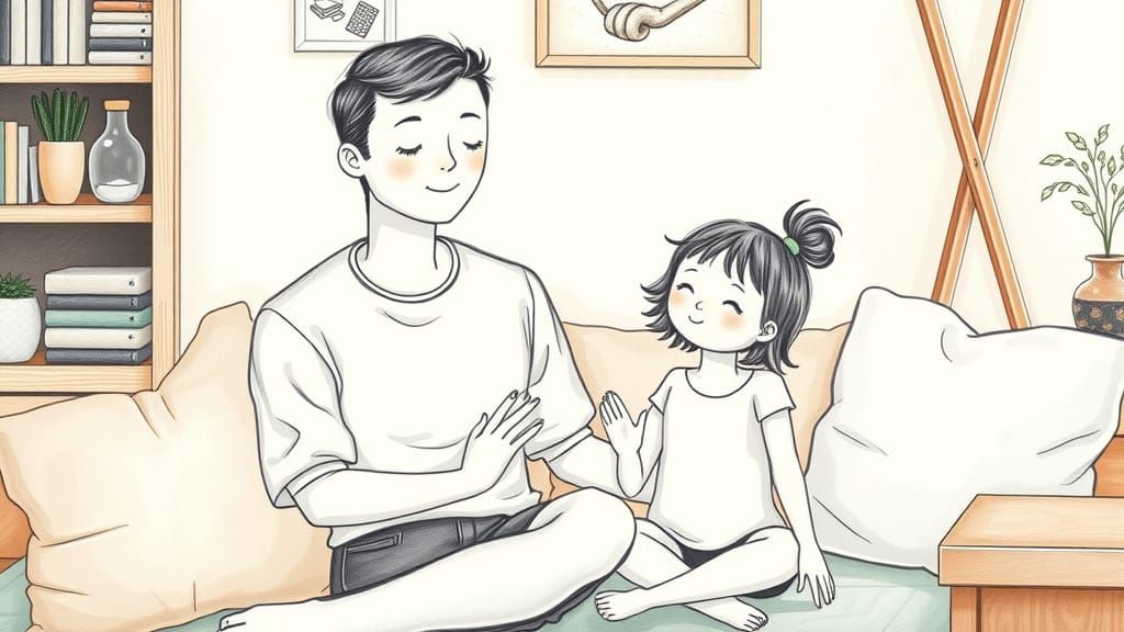 Calm Parent and Child Share Mindfulness Moment in Cozy Home