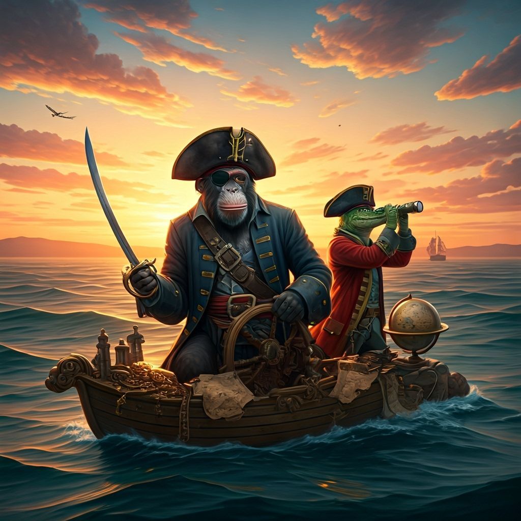 Pirate Ape Steers Ship Through Sunset in Tonalist Style