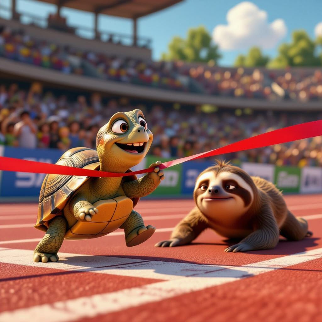 Ecstatic Tortoise Wins Race Over Despairing Sloth