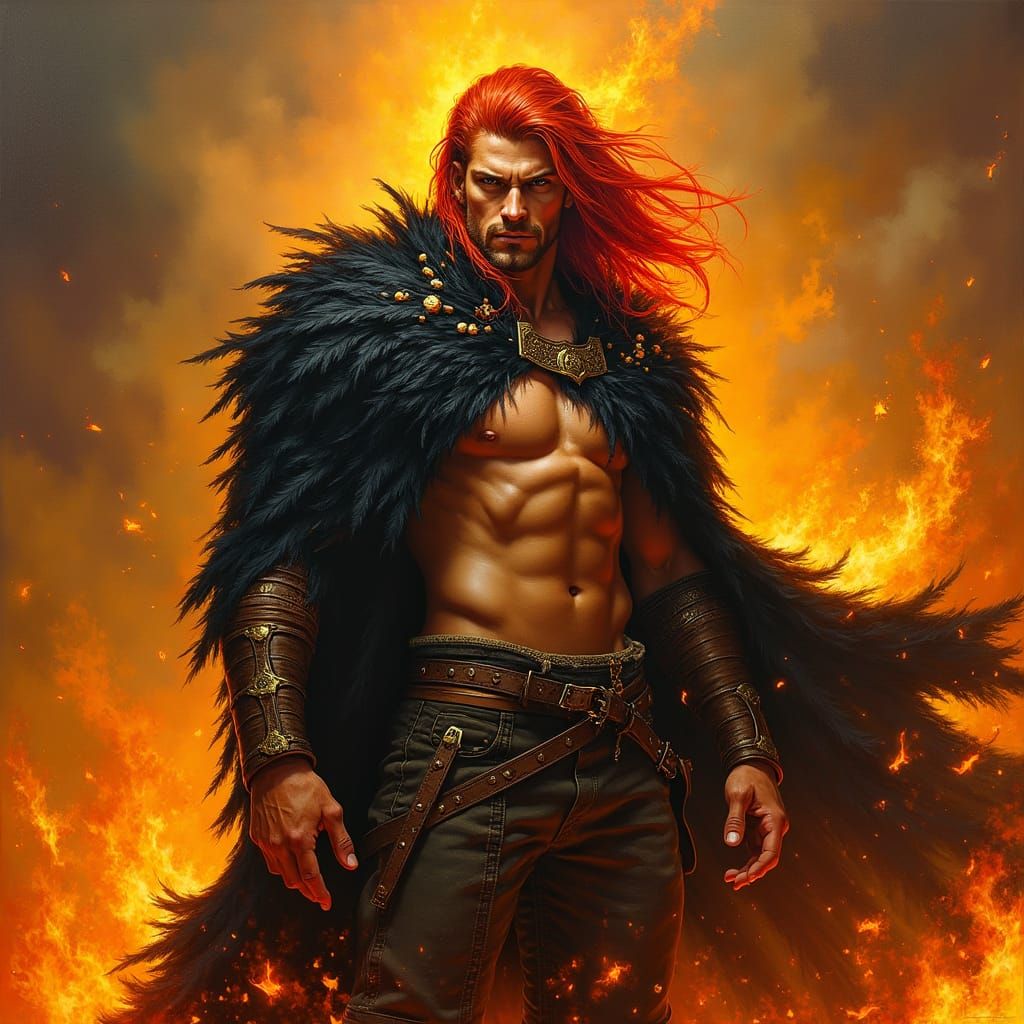 Brooding Fire Warrior in Inferno, Oil Painting