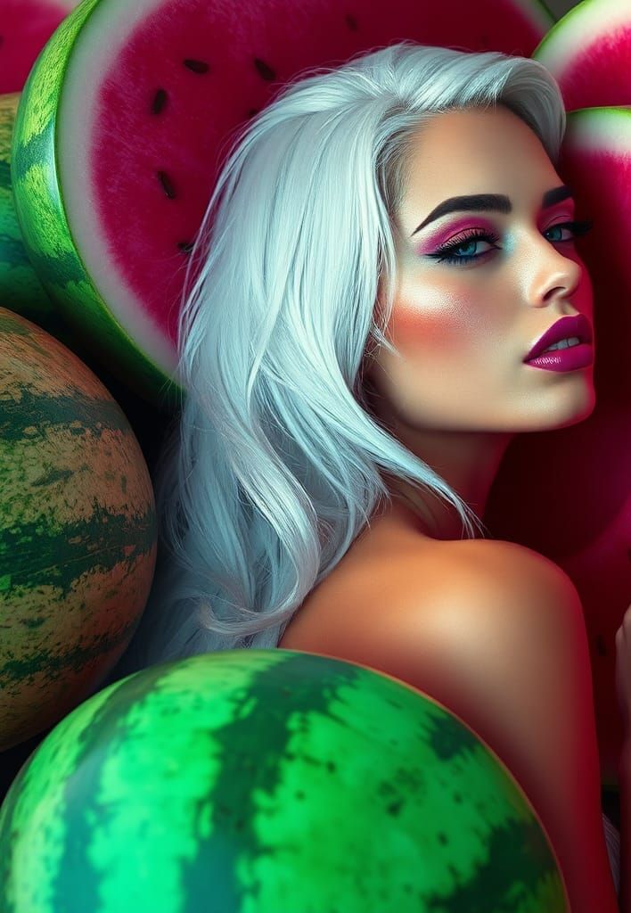 Woman in Watermelon Bowl: Art Nouveau Portrait