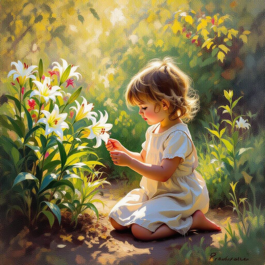 Child in Garden Picking Lily, Impressionistic Oil Painting
