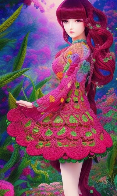 Woman Dancing in Embroidered Flower Dress, Gouache Painting