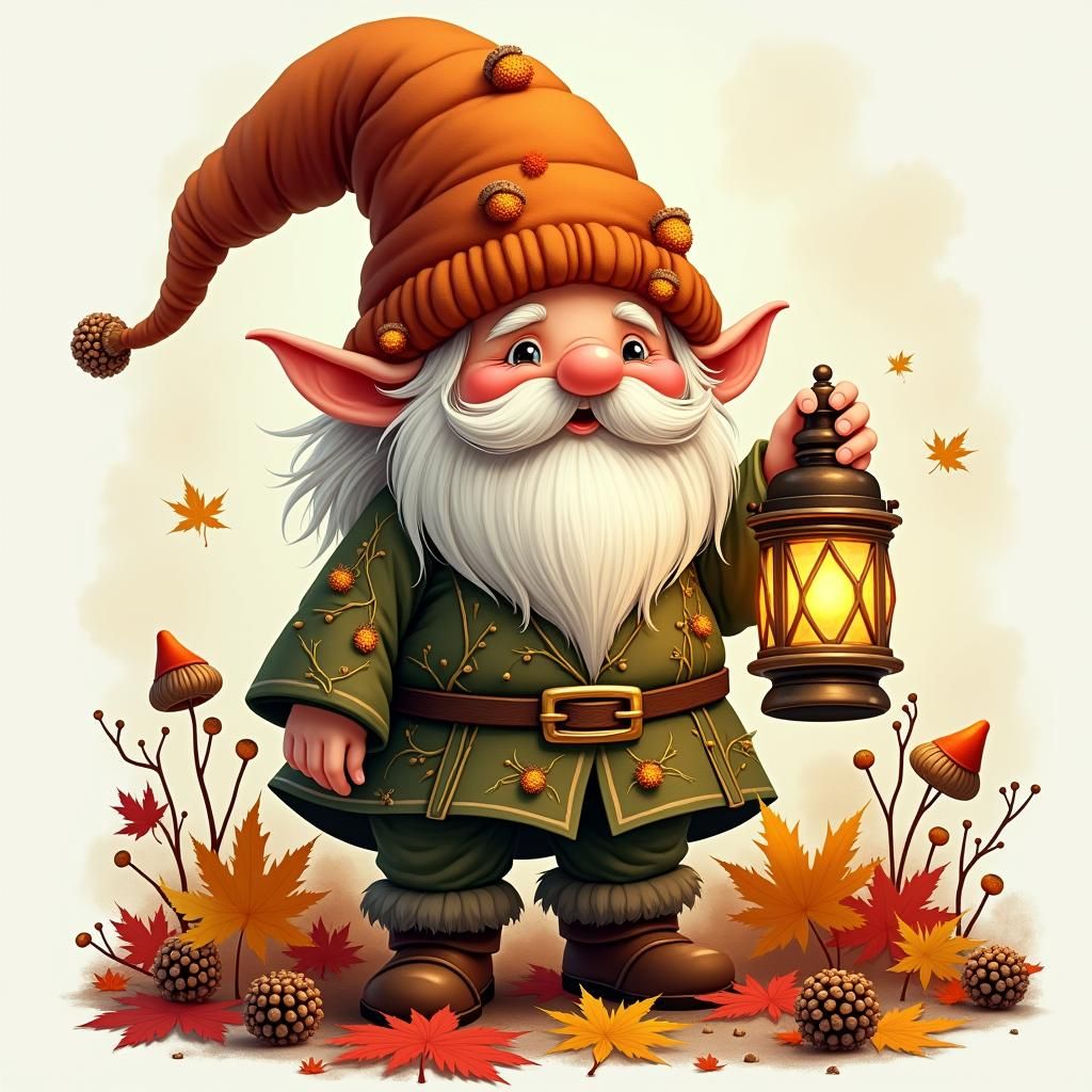 Whimsical Autumn Gnome with Lantern
