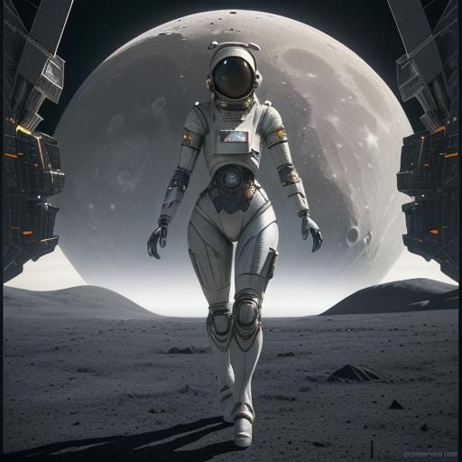 Futuristic Moonwalk: Sci-Fi Lady and Astronaut Probe