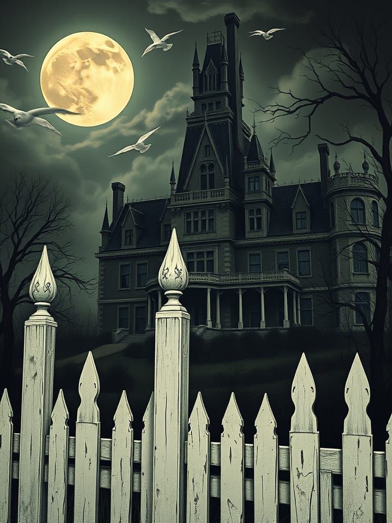 Majestic Haunted Mansion with Tattered Picket Fence