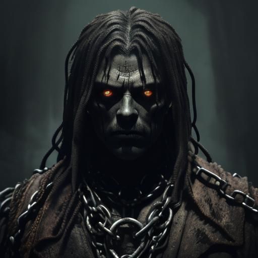 Nightmarish Figure Bound in Chains: Dark Fantasy Portrait