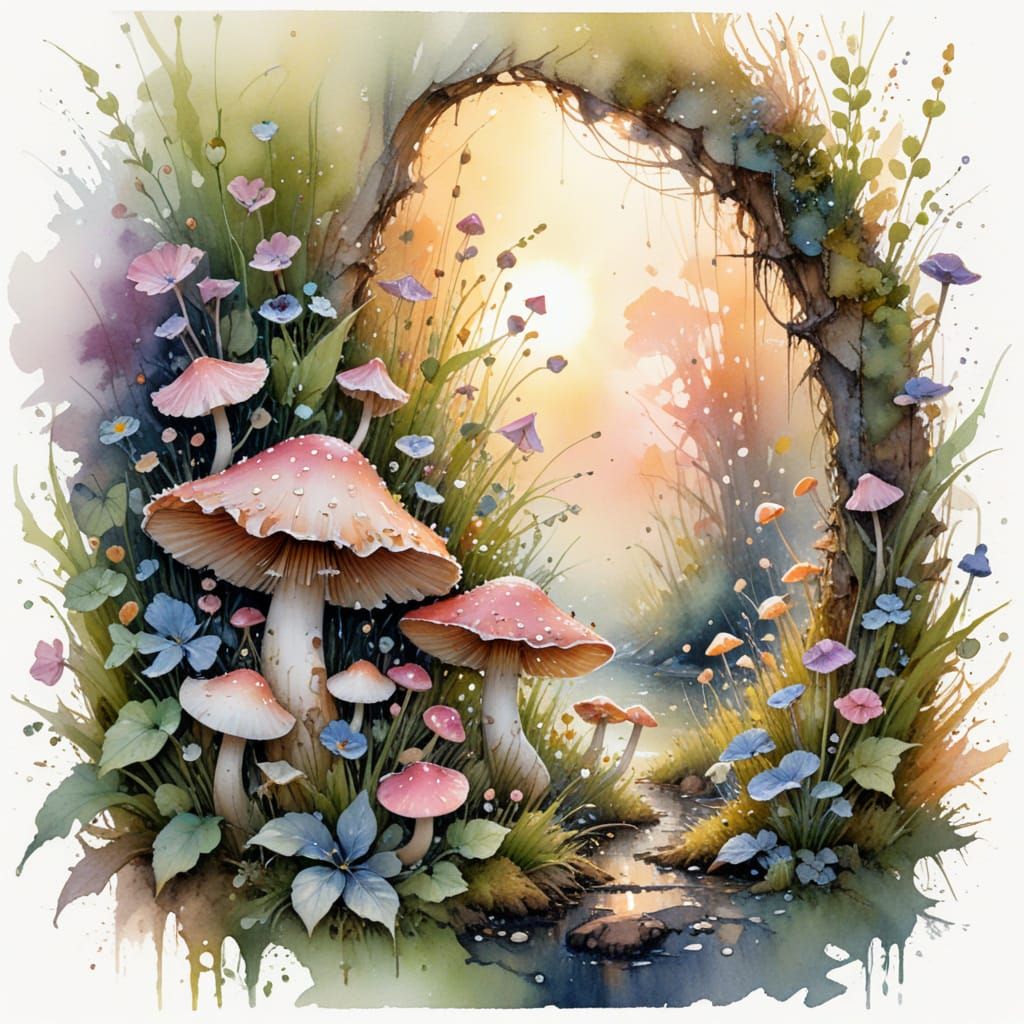 Pastel Fairy Hollow at Dawn in Watercolour