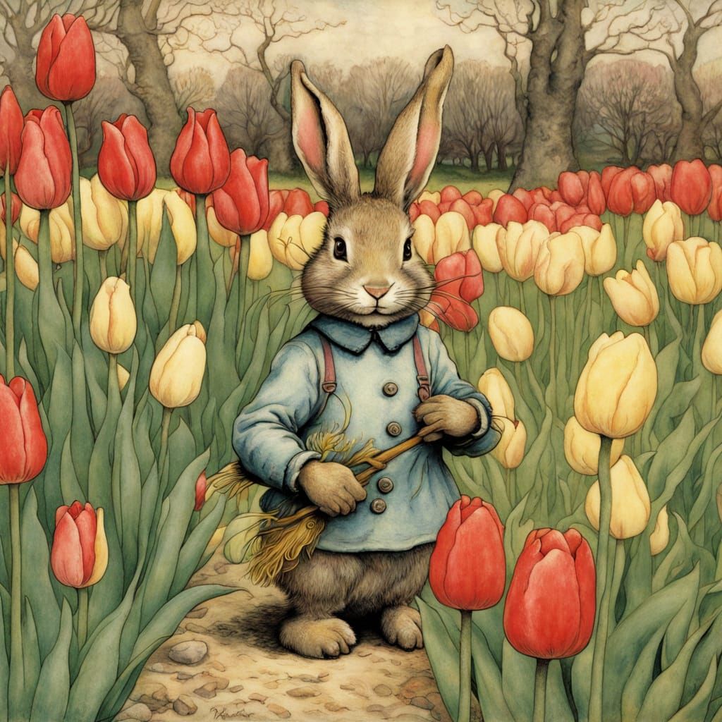 Whimsical Rabbit Tends to Tulips in Enchanted Garden Scene