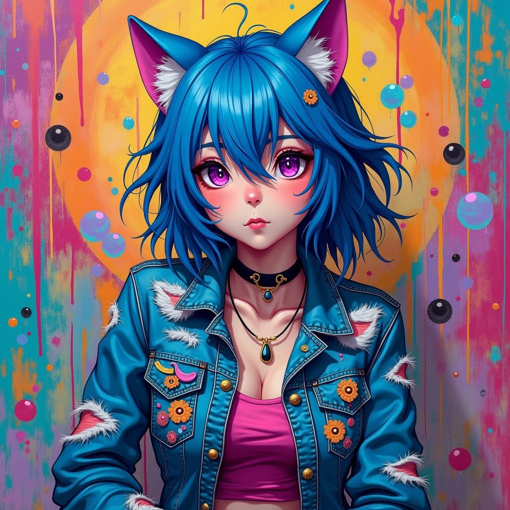 Catgirl in Graffiti Street Art Style
